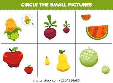 Education game for children circle the small picture of cute cartoon corn beet watermelon apple pear melon printable worksheet