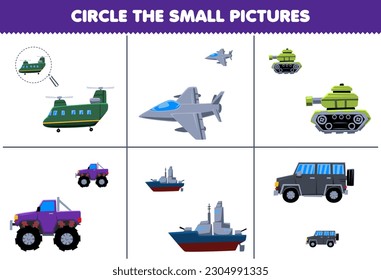 Education game for children circle the small picture of cute cartoon helicopter jet fighter tank car and battleship printable transportation worksheet