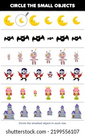Education game for children circle the smallest object in each row of cute cartoon moon bat voodoo doll dracula queen castle printable halloween worksheet
