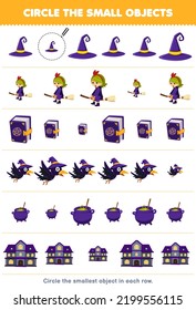 Education game for children circle the smallest object in each row of cute cartoon witch hat spell book crow cauldron spooky house printable halloween worksheet