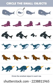 Education game for children circle the smallest object in each row of cute cartoon whale seal orca walrus narwhal printable underwater worksheet