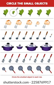 Education game for children circle the smallest object in each row of cute cartoon oven glove mixer pot spatula frying pan printable tool worksheet