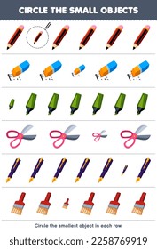 Education game for children circle the smallest object in each row of cute cartoon pencil eraser marker scissor pen brush printable tool worksheet