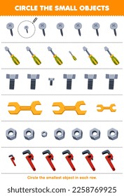 Education game for children circle the smallest object in each row of cute cartoon screw screwdriver bolt wrench nut printable tool worksheet
