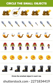 Education game for children circle the smallest object in each row of cute cartoon hat sword pipe coin boot printable pirate worksheet