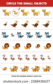 Education game for children circle the smallest object in each row of cute cartoon cheetah eagle wolf lion vulture tiger printable animal worksheet