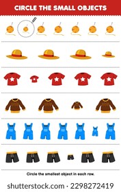 Education game for children circle the smallest object in each row of cute cartoon wool hat shirt sweater pant printable wearable clothes worksheet