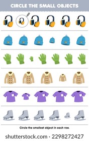 Education game for children circle the smallest object in each row of cute cartoon earphone beanie hat glove coat t shirt ice skater printable wearable clothes worksheet