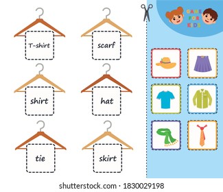 Education game for children with clothes. Find and hang clothes on a hanger. Kids learning material. Preschool worksheet activity. Children funny riddle entertainment. Vector Illustration