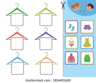 Education game for children with clothes. Find and hang clothes on a hanger. Kids learning material. Preschool worksheet activity. Children funny riddle entertainment. Vector Illustration