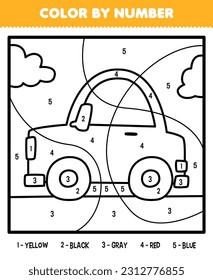 Education game for children color by number of cute cartoon car line art printable transportation worksheet