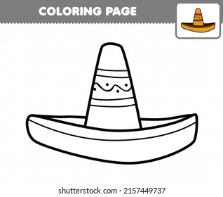 Erziehungsspiel für Kinder färben Seite Cartoon tragbare Kleidung sombrero hat druckbare Arbeitsblatt