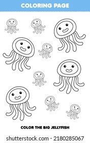 Education game for children coloring page big or small picture of cute cartoon jellyfish animal line art printable worksheet