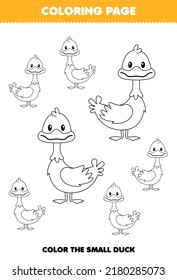 Education game for children coloring page big or small picture of cute cartoon duck animal line art printable worksheet