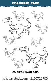 Education game for children coloring page big or small picture of cute cartoon prehistoric dinosaur velociraptor line art printable worksheet