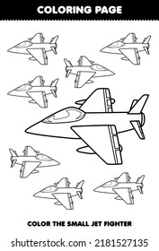 Education game for children coloring page big or small picture of cute cartoon jet fighter transportation line art printable worksheet