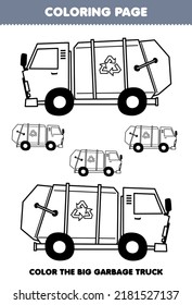 Education game for children coloring page big or small picture of cute cartoon garbage truck transportation line art printable worksheet