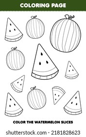 Education Game For Children Coloring Page Of Cute Cartoon Watermelon Fruit Line Art Printable Worksheet