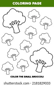 Education game for children coloring page big or small picture of cute cartoon broccoli vegetable line art printable worksheet