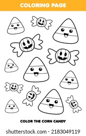 Education game for children coloring page of cute cartoon corn candy line art halloween printable worksheet