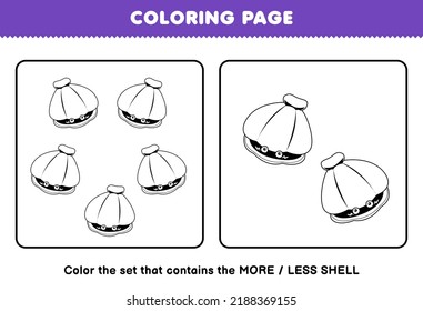 Education game for children coloring page more or less picture of cute cartoon shell line art set printable worksheet