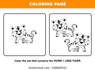 Education game for children coloring page more or less picture of cute cartoon tiger line art set printable worksheet