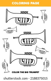 Education Game For Children Coloring Page Big Or Small Picture Of Music Instrument Trumpet Printable Worksheet