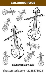 Education game for children coloring page big or small picture of music instrument violin printable worksheet