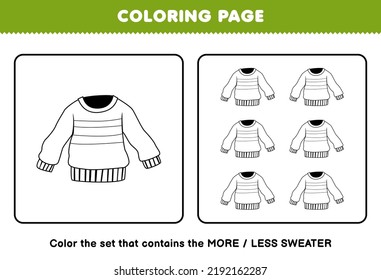 Education game for children coloring page more or less picture of cute cartoon wearable clothes sweater line art set printable worksheet