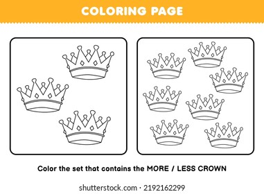 Education game for children coloring page more or less picture of cute cartoon wearable accessories crown line art set printable worksheet
