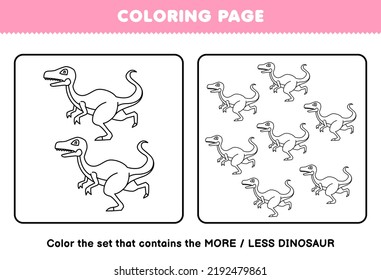 Education game for children coloring page more or less picture of cute cartoon prehistoric dinosaur velociraptor line art set printable worksheet