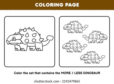 Education game for children coloring page more or less picture of cute cartoon prehistoric dinosaur ankylosaurus line art set printable worksheet
