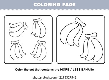 Education game for children coloring page more or less picture of cartoon banana fruit line art set printable worksheet
