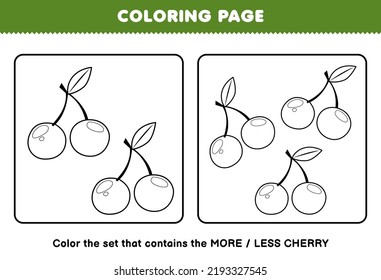 Education game for children coloring page more or less picture of cartoon cherry fruit line art set printable worksheet