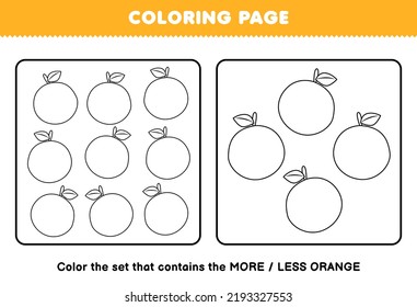 Education game for children coloring page more or less picture of cartoon orange fruit line art set printable worksheet