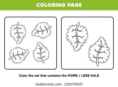 Education game for children coloring page more or less picture of cartoon kale vegetable line art set printable worksheet