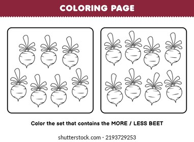 Education game for children coloring page more or less picture of cartoon beet vegetable line art set printable worksheet