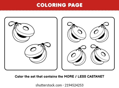 Education game for children coloring page more or less picture of cartoon music instrument castanet line art set printable worksheet