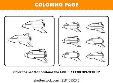 Education game for children coloring page more or less picture of cute cartoon spaceship line art set printable solar system worksheet