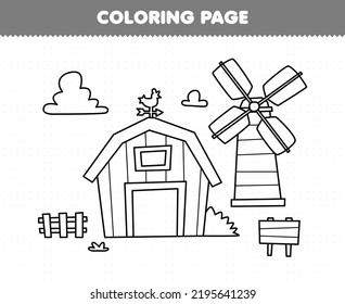 Education game for children coloring page of cute cartoon barn and windmill line art printable farm worksheet