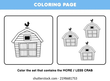 Education game for children coloring page more or less picture of cute cartoon barn line art set printable farm worksheet