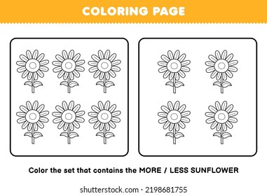 Education game for children coloring page more or less picture of cute cartoon sunflower line art set printable farm worksheet
