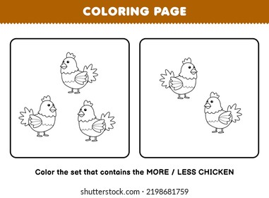 Education game for children coloring page more or less picture of cute cartoon hen chicken line art set printable farm worksheet