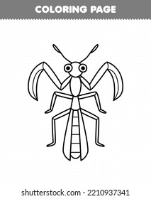 Education game for children coloring page of cute cartoon mantis line art printable bug worksheet