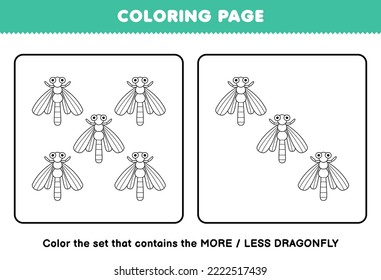 Education game for children coloring page more or less picture of cute cartoon dragonfly line art set printable bug worksheet