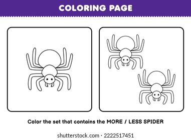 Education game for children coloring page more or less picture of cute cartoon spider line art set printable bug worksheet