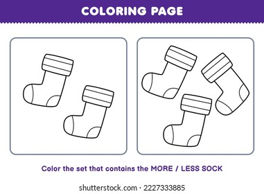 Education game for children coloring page more or less picture of cute cartoon sock line art set printable winter worksheet