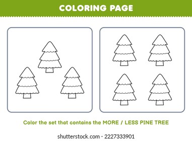 Education game for children coloring page more or less picture of cute cartoon pine tree line art set printable winter worksheet