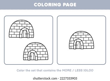 Juego de educación para niños colorear página más o menos imagen de lindas caricaturas de iglú conjunto de arte de la línea de dibujos imprimibles hoja de cálculo de invierno