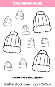 Juego de educación para niños página de color imagen grande o pequeña de lindo beanie de caricatura línea arte de la línea imprimible hoja de cálculo de invierno